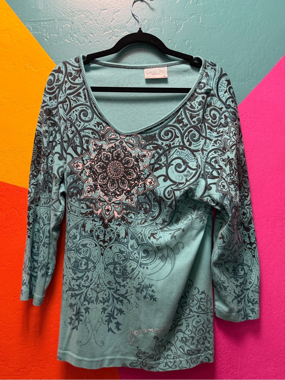 Turquoise Rhinestone Long Sleeve Shirt